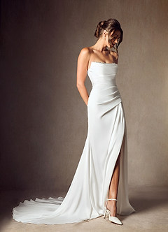 Azazie Elara Wedding Dresses Diamond White Mermaid Strapless Stretch Satin Dress image4