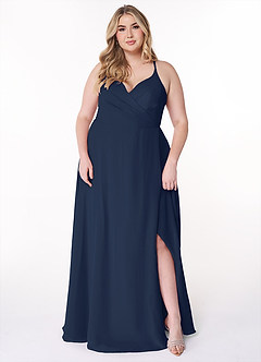 Azazie Davis Robes de demoiselle d'honneur Robe Trapèze en Mousseline de soie Col en V Bleu Marine Foncé image7