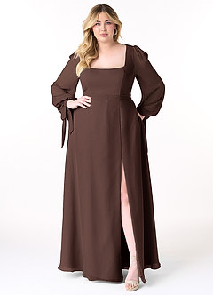 Azazie Leonia Jurken voor bruidsmeisjes Jurk van Chiffon met A-Lijn Lange mouw Ganache image11