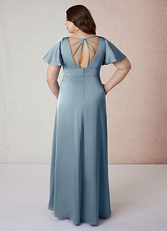 Azazie Lani Bridesmaid Dresses Dusty Blue A-Line Flounce Sleeve Stretch Satin Dress image8