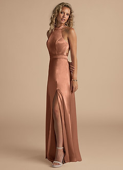 Azazie Clarice Brautjungfernkleider A-Linie Hoher Kragen Metallischer Satin Kleid Bronzer image3
