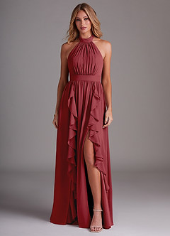 Azazie Avary Bridesmaid Dresses Pomegranate A-Line Pleated Chiffon Dress image1