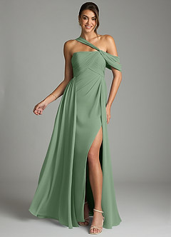 Azazie Kassandra 신부 들러리 드레스 A라인 오프 더 숄더 쉬폰 바닥 길이 드레스 image1