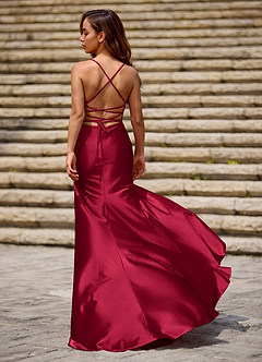 Luminous Wine Spaghetti Straps Stretch Satin Open Back Prom Dress image6