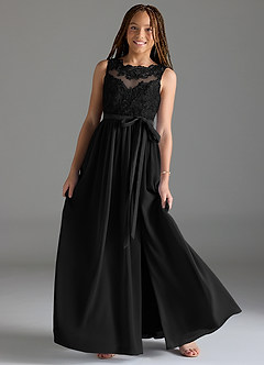 Azazie Elly Junior Robe Trapèze en Mousseline de soie Dentelle Noir image1