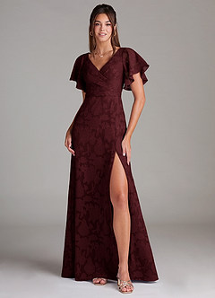 Azazie Ambrosia Bridesmaid Dresses Cabernet A-Line Pleated Floral Burnout Dress image1