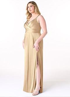 Azazie Aqua Bridesmaid Dresses Champagne A-Line V-Neck Pleated Stretch Satin Dress image10