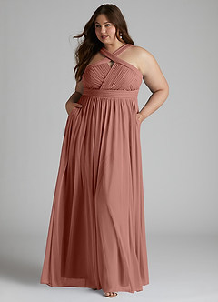 Azazie Hillian Bridesmaid Dresses Cedar Rose A-Line Halter Pleated Mesh Dress image8