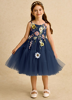 Azazie Osea Flower Girl Dresses Dark Navy Ball-Gown Pleated Tulle Dress image6