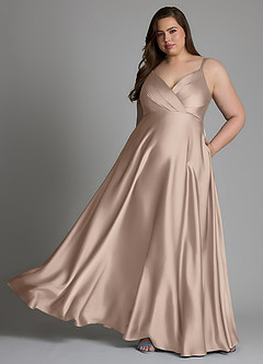 Azazie Amani At-home Try On Dresses Dusty Blue A-Line Pleated Stretch Satin Dress image6