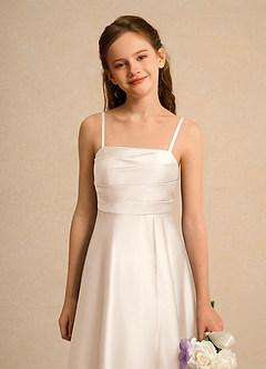 Azazie Pebbles Girls Formal Flower Girl Dresses White Alabaster A-Line Pleated Matte Satin Dress image3