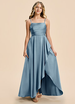 Azazie Naveah Junior Dusty Blue A-Line Ruched Stretch Satin Dress image4