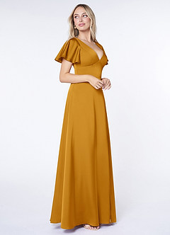 Azazie Lani Bridesmaid Dresses Butterscotch A-Line Flounce Sleeve Stretch Satin Dress image4