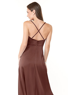 Azazie Naomie At-home Try On Dresses Terracotta A-Line Cowl Neckline Side Slit Stretch Satin Dress image3