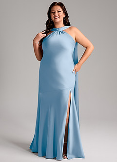 Azazie Kinsley Bridesmaid Dresses Powder Blue Mermaid Side Slit Stretch Satin Dress image11