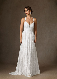 Azazie August Wedding Dresses Diamond White A-Line Lace Dress image4