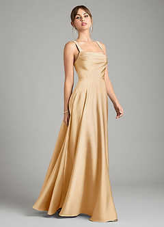 Azazie Shaude Vestidos de damas de honor Vestido de Oro de Satén Elástico de Corte en A con Plisado image13