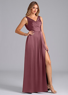 Azazie Karina At-home Try On Dresses Desert Rose A-Line Pleated Stretch Satin Dress image5