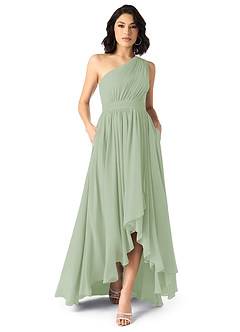 Azazie Mathilda Robes de demoiselle d'honneur Robe Trapèze en Mousseline de soie Ue épaule Vert Sauge image1