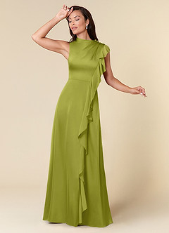 Azazie Narine Mother of the Bride Dresses Lemongrass A-Line High Neckline Pleated Stretch Satin Dress image1