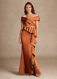 Azazie Dareia Mère de la mariée Robes Robe Sirène en Satin extensible Épaule décolletée Cannelle image1
