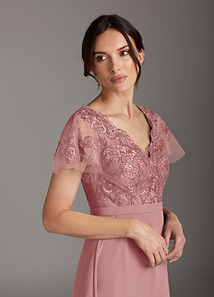 Azazie Singer Mother of the Bride Dresses Dusty Rose A-Line V-Neck Lace Chiffon Dress image5