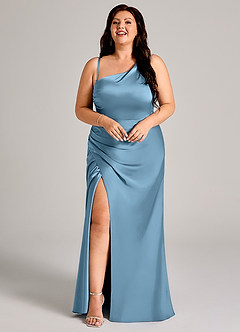 Azazie Madelyn Bridesmaid Dresses Steel Blue Mermaid One Shoulder Stretch Satin Convertible Dress image15