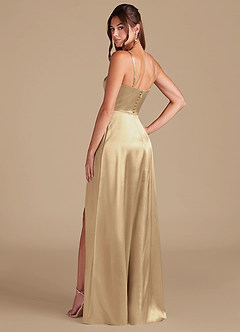 Azazie Halsey Bridesmaid Dresses Champagne A-Line Side Slit Metallic Satin Dress image6