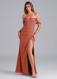 Azazie Asha Bridesmaid Dresses Clay Sheath Off the Shoulder Chiffon Convertible Dress image1