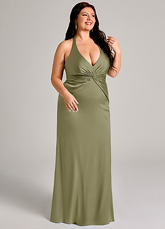 Azazie Valerie Vestidos de damas de honor Vestido de Pistacho de Satén Elástico de Corte Sirena con Plisado image4