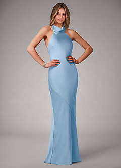 Azazie Velli Suknie dla druhen Syrena Wysoka Kołnierz Satyna elastyczna Do ziemi Sukienka image1