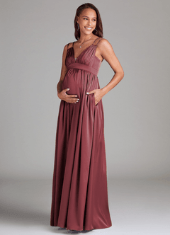 Azazie Emree Maternity Bridesmaid Dresses A-Line Stretch Satin Floor-Length Dress with Pockets image3
