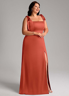 Azazie Frostine Bridesmaid Dresses Rust A-Line Bow Stretch Satin Dress image9