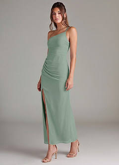 Azazie Eren Robes de demoiselle d'honneur Robe Sirène en Mousseline de soie Une épaule Sauge D'argent image5