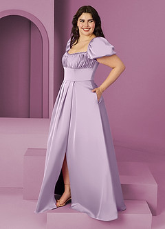 Barbie ♥ Azazie Bridesmaid Dresses Frosted Lilac A-Line Ruched Stretch Satin Dress image9