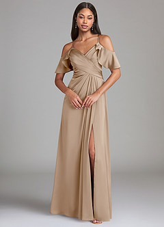 Azazie Dakota Bridesmaid Dresses Taupe A-Line Off the Shoulder Stretch Satin Dress image3