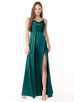 Azazie Naomie Brautjungfernkleider A-Linie Kutte Ausschnitt Seitenschlitz Stretch-Satin Kleid Pfau image1