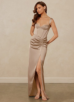Christian Siriano Bridal for Azazie 1017 Robes de demoiselle d'honneur Robe Fourreau en Satin extensible Encolure en Forme de Cœur Taupe image3