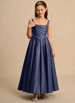 Azazie Mochi Girls Formal Robe Demoiselle D'honneur Fillette Robe Princesse en Mat Satiné Plissée Bleu Orageux image5