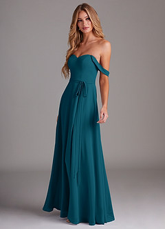 Azazie Aaron Bridesmaid Dresses Ink Blue A-Line Off the Shoulder Chiffon Convertible Dress image5