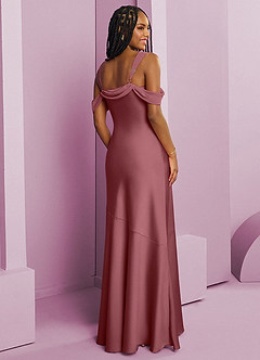 Barbie ♥ Azazie Robes de demoiselle d'honneur Robe Fourreau en Satin extensible Plissée Rose Du Désert image2