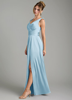 Azazie Karina Bridesmaid Dresses Sky Blue A-Line Pleated Stretch Satin Dress image3