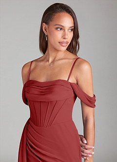Azazie Amyra Bridesmaid Dresses Rust Sheath Off the Shoulder Chiffon Convertible Dress image7