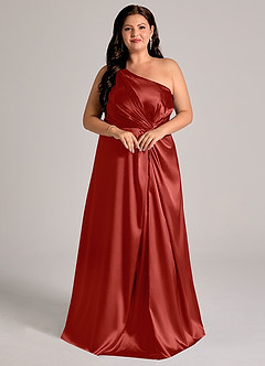 Azazie Brooke Bridesmaid Dresses Rust A-Line One Shoulder Metallic Satin Dress image11