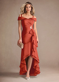 Azazie Billings Mother of the Bride Dresses Rust Mermaid Off the Shoulder Stretch Satin Dress image7