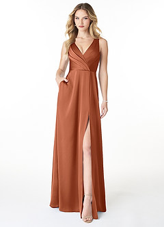Azazie Nelly Bridesmaid Dresses Cedar Rose A-Line V-Neck Pleated Stretch Satin Dress image1