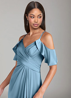 Azazie Dakota Bridesmaid Dresses Steel Blue A-Line Off the Shoulder Stretch Satin Dress image5