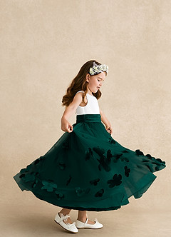 Azazie Vi Robe Demoiselle D'honneur Fillette Robe Trapèze en Tulle Sans manches Vert Pin image2