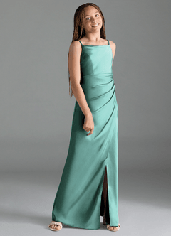 Azazie Leonis Junior Aqua A-Line Pleated Stretch Satin Dress image3