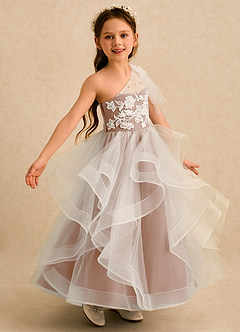 Azazie Zoey Robe Demoiselle D'honneur Fillette Robe Princesse en Tulle Dentelle Champagne Rosé image1